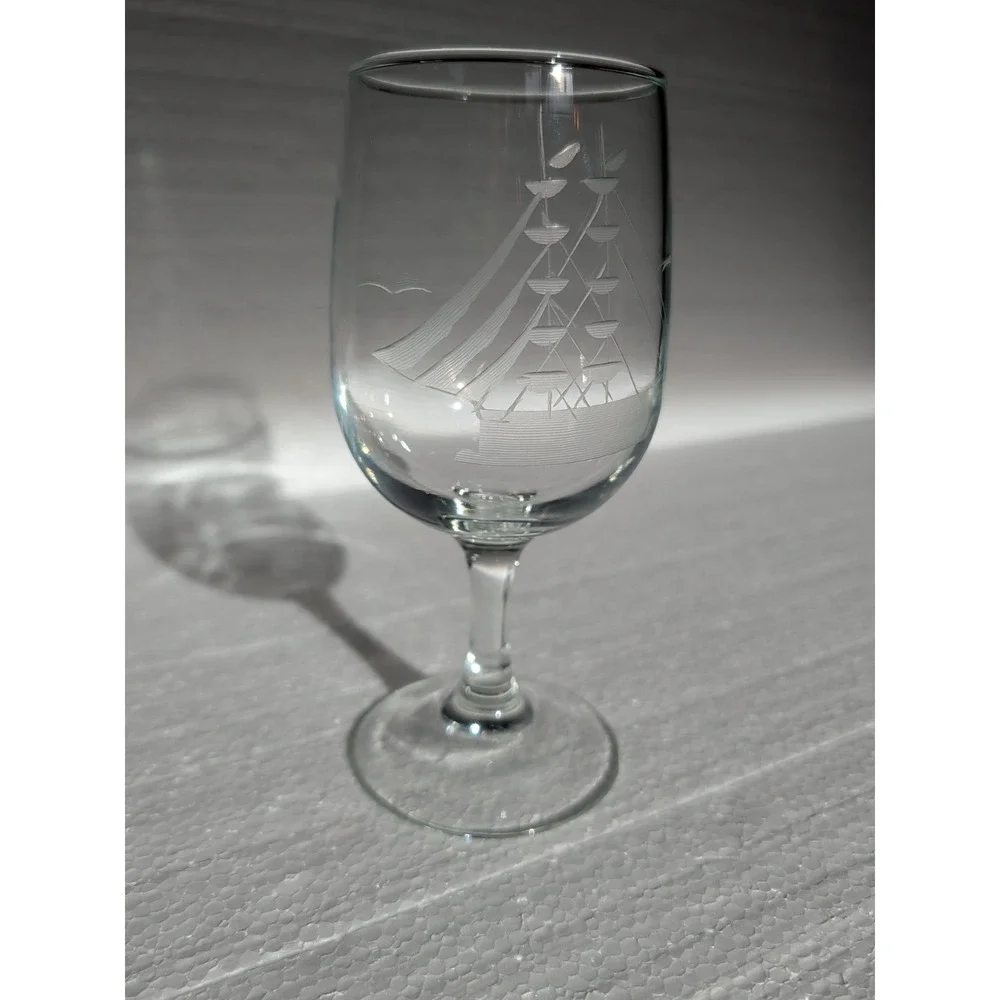 PAIR JAVIT Clipper Collection Etched Glass Sail Ship‎ Wine Glass 10 oz VTG 6.5
